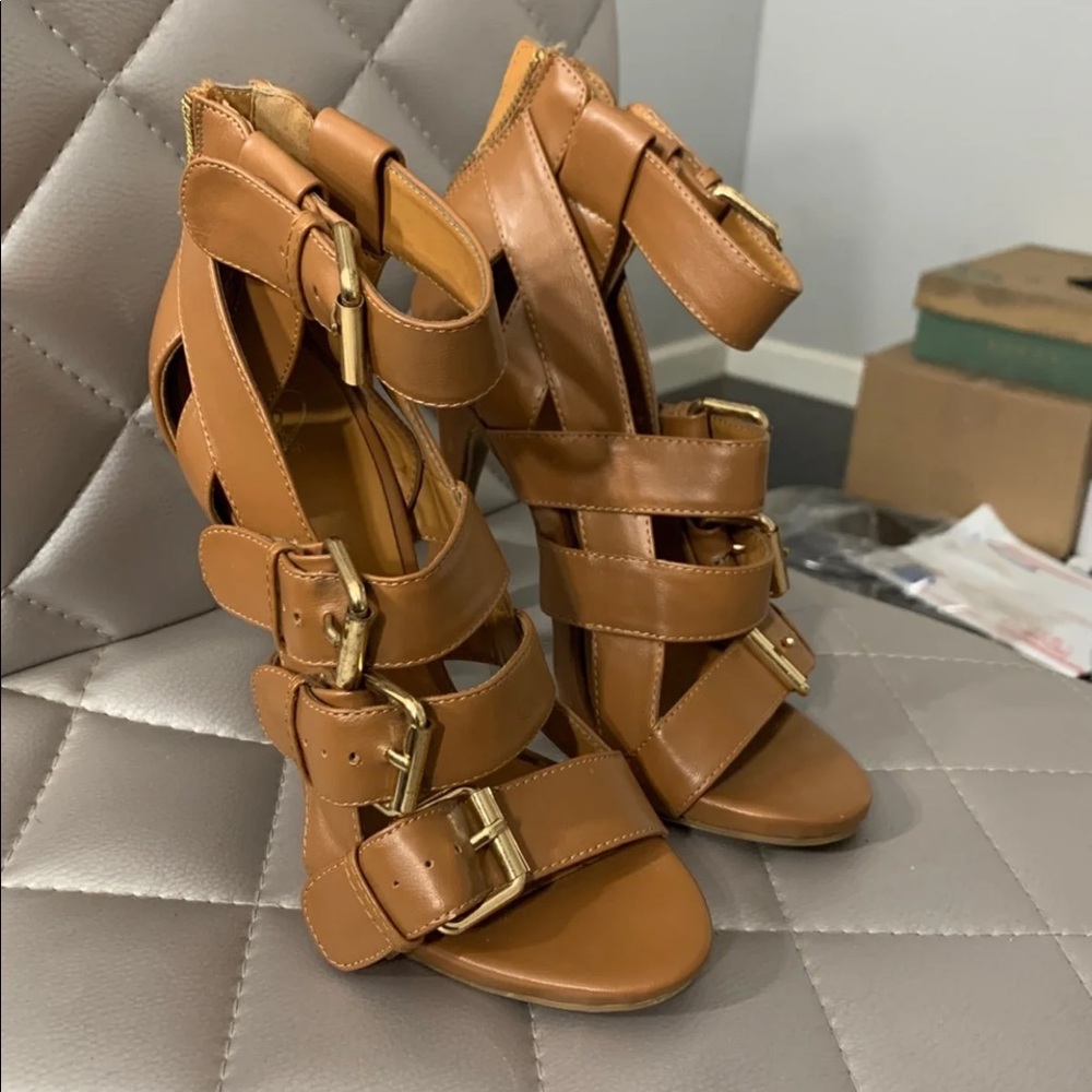 Brown buckle heels